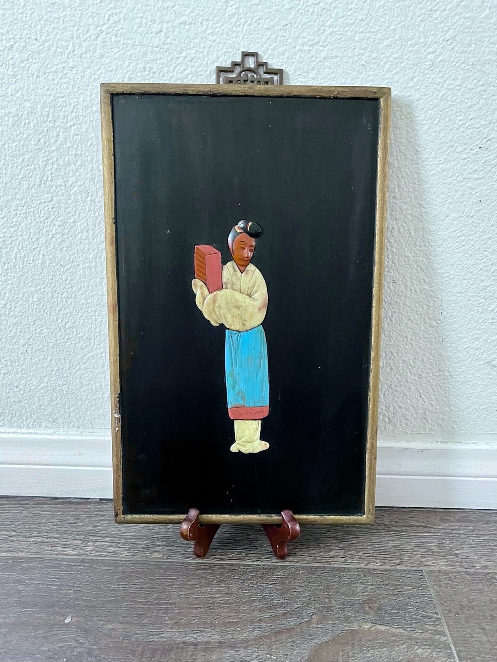 Vintage 3D Stone Figurine Mounted On A Black Background 13/18 Inches